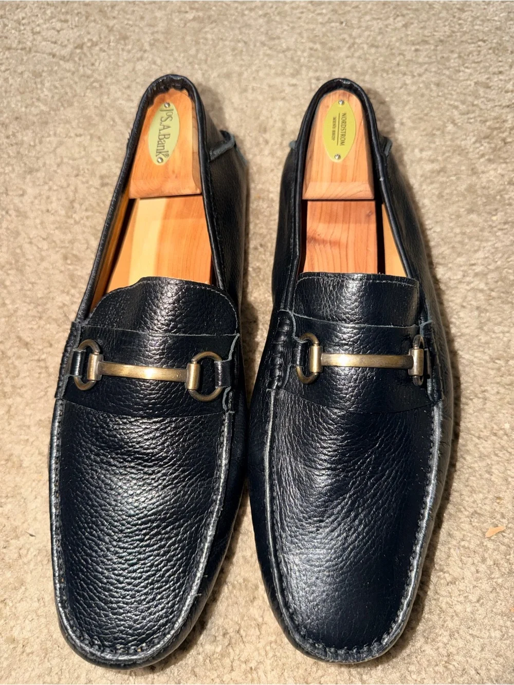 Men’s Black Leather Horsebit Driving Loafers Moc Toe Brazil Size 12M